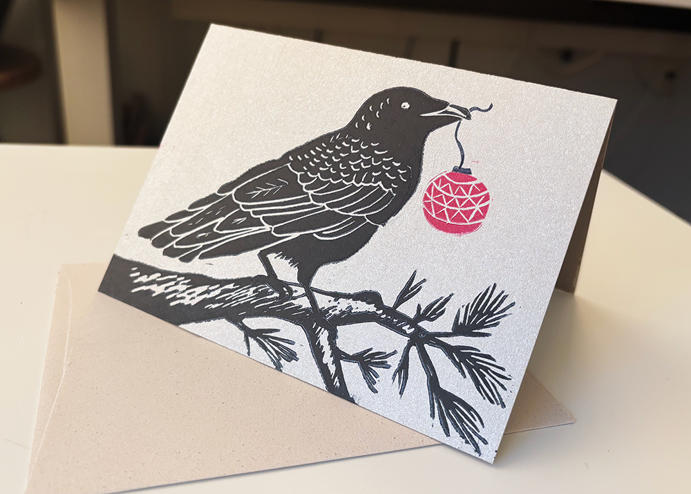 Crow Ornament Holiday Card | Block Printed by Hand on Upcycled Paper