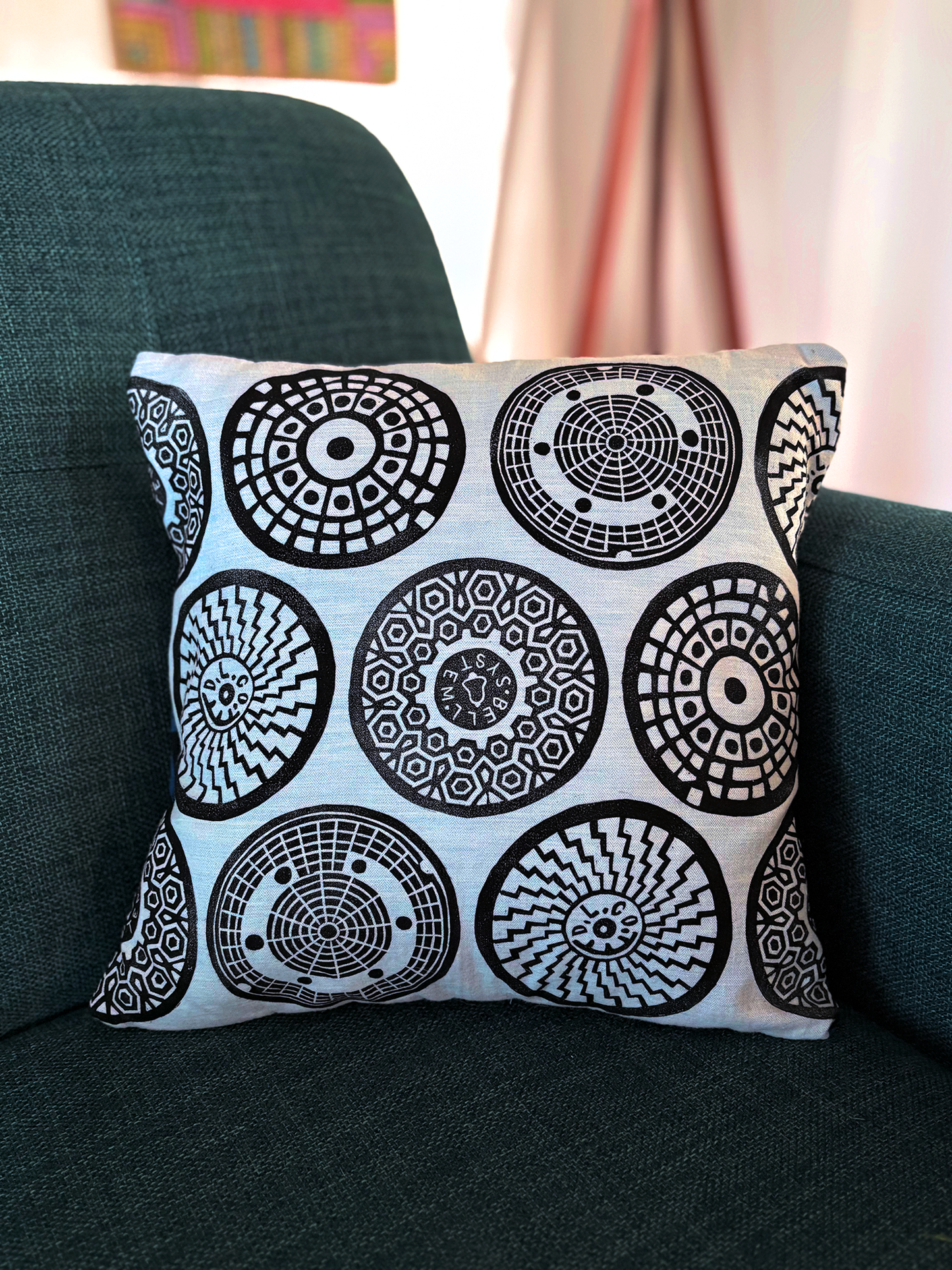 Manhole Mandala Pillow | Block Printed by Hand on Upcycled Materials
