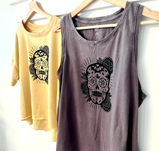 Graphic Upcycled Tees and Tanks| Hand Block Printed