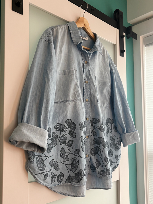 Size XXL | Sonoma | 100% Cotton Denim Shirt | Block Print Gingko Pattern