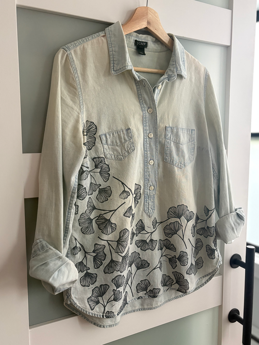 Size S | J. Crew | 100% Cotton Denim Shirt | Block Print Gingko Pattern