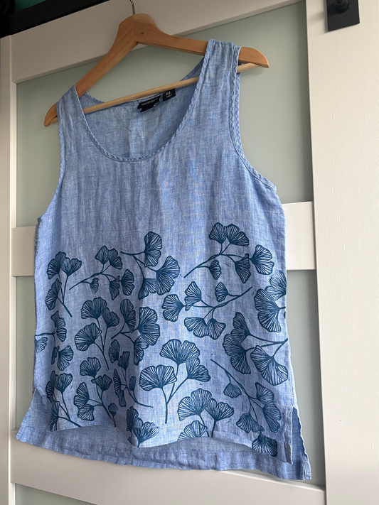 Size M | Jones & Company | 100% Linen Tank | Block Print Gingko Pattern