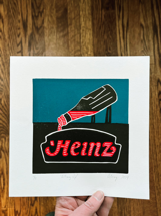 Heinz Neon Sign Block Print, "Filling Up"