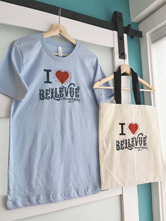 I Love Bellevue Block Printed Tote Bags