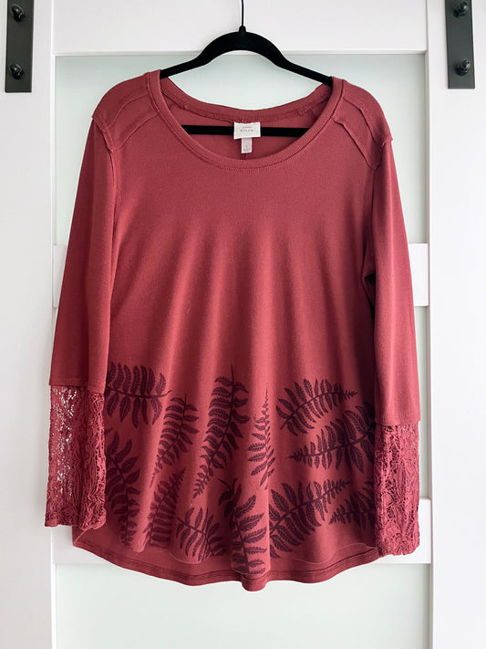 Size XL | Knox Rose Brand | Fern Print Lace Sleeve Shirt