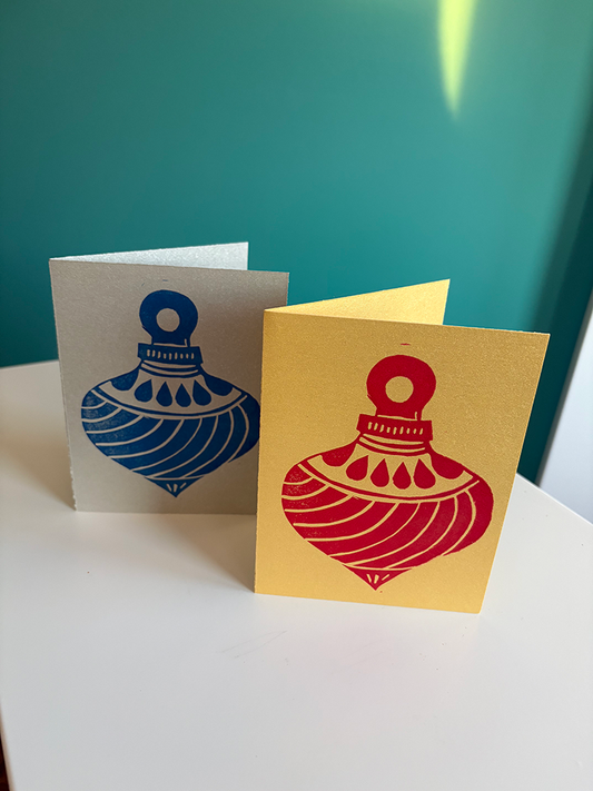 Vintage Ornament Holiday Card | Block Printed by Hand on Upcycled Paper