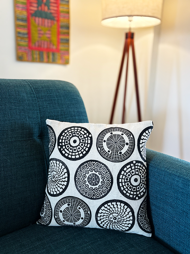 Manhole Mandala Pillow | Block Printed by Hand on Upcycled Materials