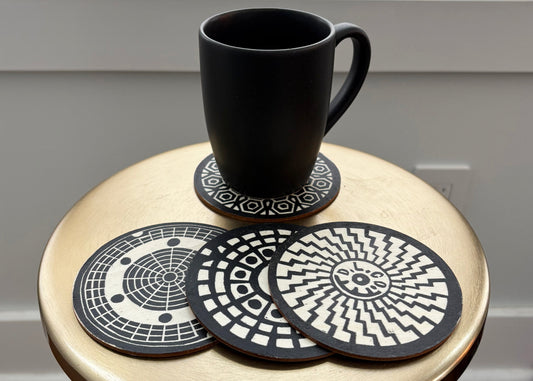 Manhole Mandala Coasters, Set of 4 | Hand Block Printed on Wood