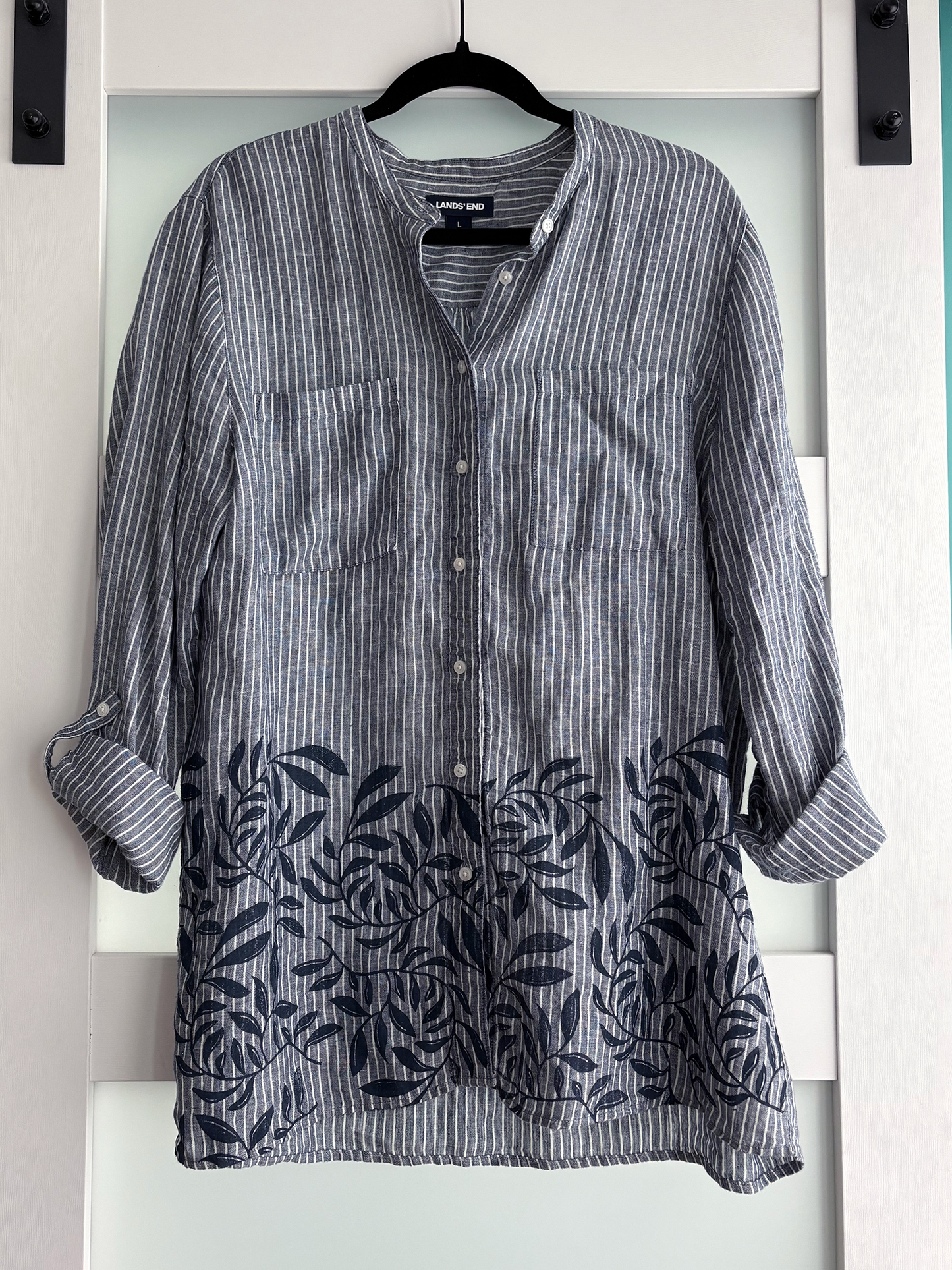 Size L | Lands End Brand | Linen Pinstripe Vine Print Oxford Shirt