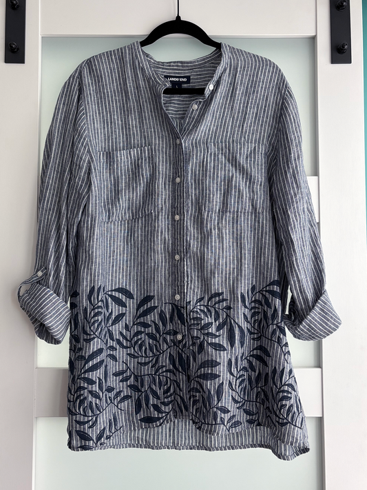 Size L | Lands End Brand | Linen Pinstripe Vine Print Oxford Shirt